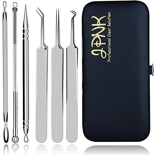 Book Cover JPNK Blackhead Remover Comedones Extractor Acne Removal Kit for Blemish, Whitehead Popping, Zit Removing for Nose Face Tools with a Leather bag (6 Pcs, 3 Tweezers Pack)