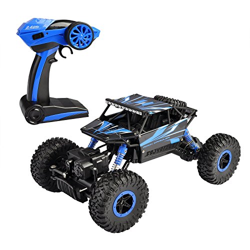 Book Cover hapinic RC Car with Two Battery 4WD 2.4Ghz 1/18 Crawlers Off Road Vehicle Toy Remote Control Car Blue Color