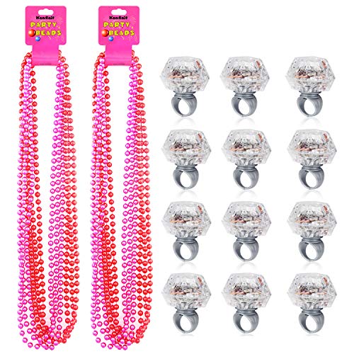 Book Cover Party Beads Necklaces(12pcs) & Light Up Engagement Diamond Rings(12pcs),Konsait Bachelorette Party Light Up Rings with Bachelorette Party Beads 33inch (Pink & Red)