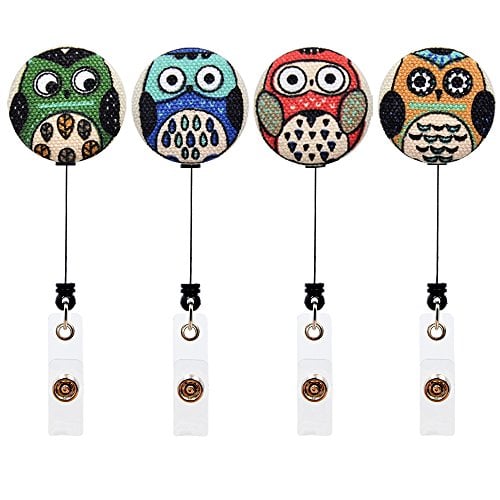 Book Cover Qinsuee Cartoon Owl Retractable ID/Name Badge Holder with Alligator Clip, 4 Pack