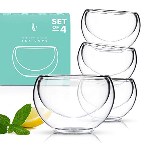 Book Cover Tea Cup Set of 4 - Modern Double Wall Glass Insulated Teacups Best Paired with your Teapot or Coffee (2.5 oz)