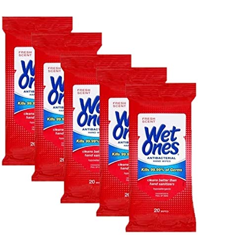 Book Cover Wet Ones Wipes for Hands & Face, 20 Count Travel Pack (Pack of 5) 100 Wipes Total (Anti Bacterial)