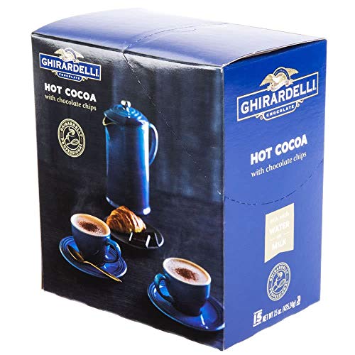 Book Cover Ghirardelli Premium Hot Cocoa with Chocolate Chips (Water or Milk Soluble), 15 Single Serve Packets