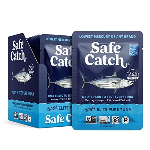 Book Cover Safe Catch Elite Tuna Wild-Caught Low Mercury Tuna Fish Pouch Gluten-Free Keto Food Non-GMO Kosher Paleo-Friendly High Protein Snack, No Water Oil Tuna, Pack of 12 Tuna Pouches 3oz