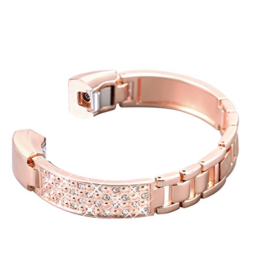 Book Cover bayite Metal Bands Compatible with Fitbit Alta and Alta HR, Jewelry Bangle Adjustable Bracelet with Rhinestone，(Rose Gold, 5.5