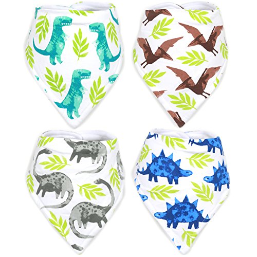 Book Cover Stadela Baby Adjustable Bandana Drool Bibs for Drooling and Teething Nursery Burp Cloths 4 Pack Baby Shower Gift Set for Boys â€“ Jurassic Adventure with Prehistoric Dinosaur