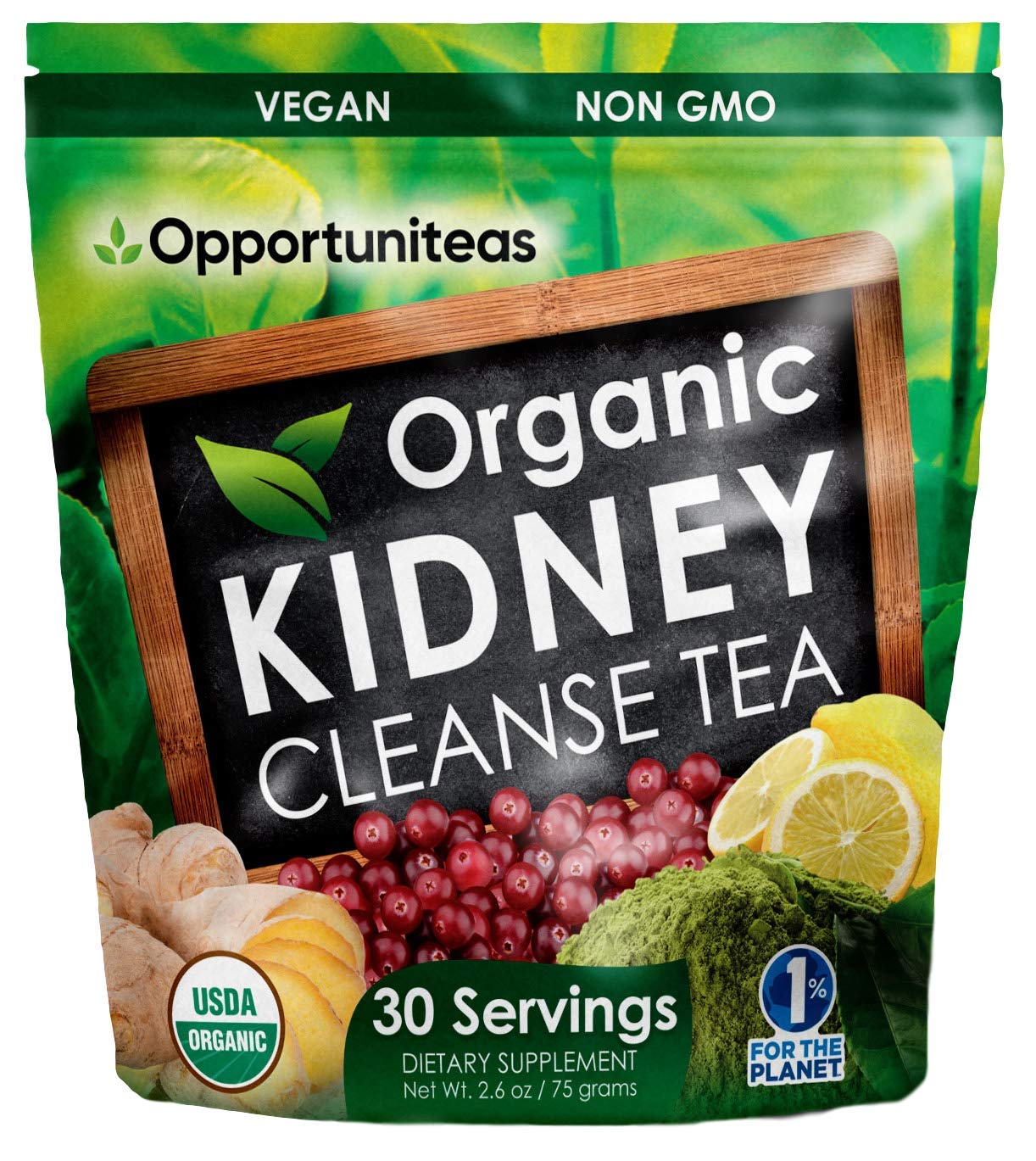Book Cover Opportuniteas Organic Kidney Detox Tea- Matcha Green Tea, Cranberry, Lemon & Ginger. 4 Cleansing Superfoods For Drinks. A Natural Detox Cleanse & Organic Energy Drink, Vegan & Non-GMO - 30 Servings