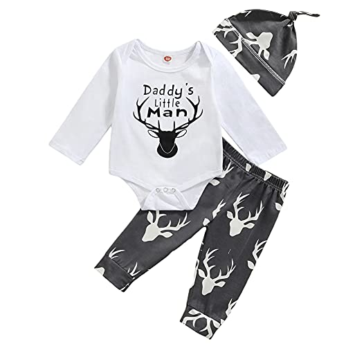 Book Cover Baby Boys Daddy's Little Man Long Sleeve Bodysuit and Deer Pants Outfit with Hat (70(0-6M), White+grey)