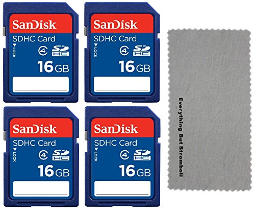 Book Cover 4 Pack SanDisk 16GB Class 4 SDHC Flash Memory Card Retail works with Bushnell 6MP Trophy Cam Essential, Aggressor, 8MP Hybrid Trail Cameras - W/ Everything But Stromboli (tm) MicroFiber Cleaning Cloth