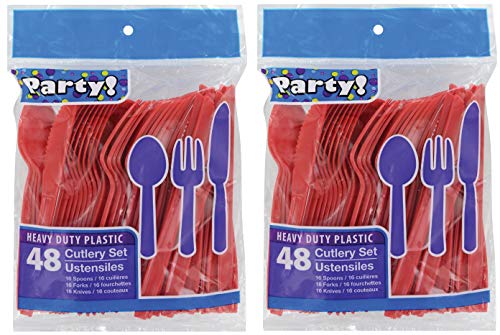 Book Cover Heavy Duty Plastic Cutlery Set in Red- 32 Spoons, 32 Forks, 32 Knives