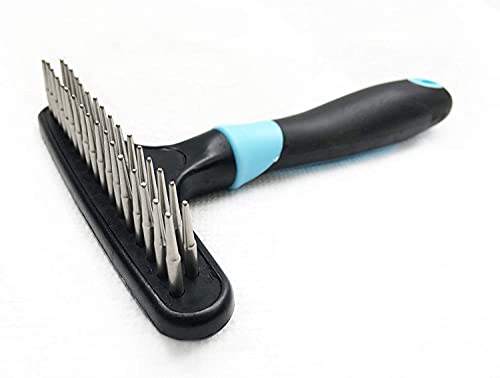 Book Cover Dog rake deshedding dematting Brush Comb - Undercoat rake for Dogs, Cats, matted, Short,Long Hair Coats - Brush for Shedding, Double Row Stainless Steel pins - Reduce Shedding by 90%