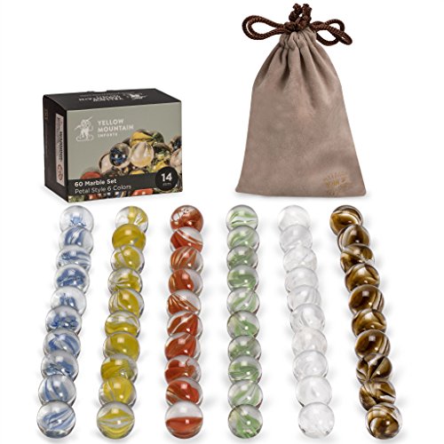 Book Cover Yellow Mountain Imports 60 Pieces Translucent Chinese Checkers Glass Marbles with Petal Design - 14 Millimeters