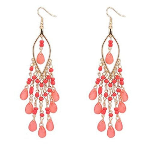 Book Cover Amiley Fashion Women Long Boho Beaded Teadrop Tassels Ear Stud Hook Dangle Earrings Jewelry (Pink)