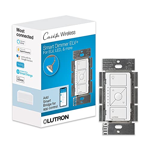 Book Cover Lutron Caseta Smart Dimmer Switch for ELV+ Bulbs, 250W LED, PD-5NE-WH, White