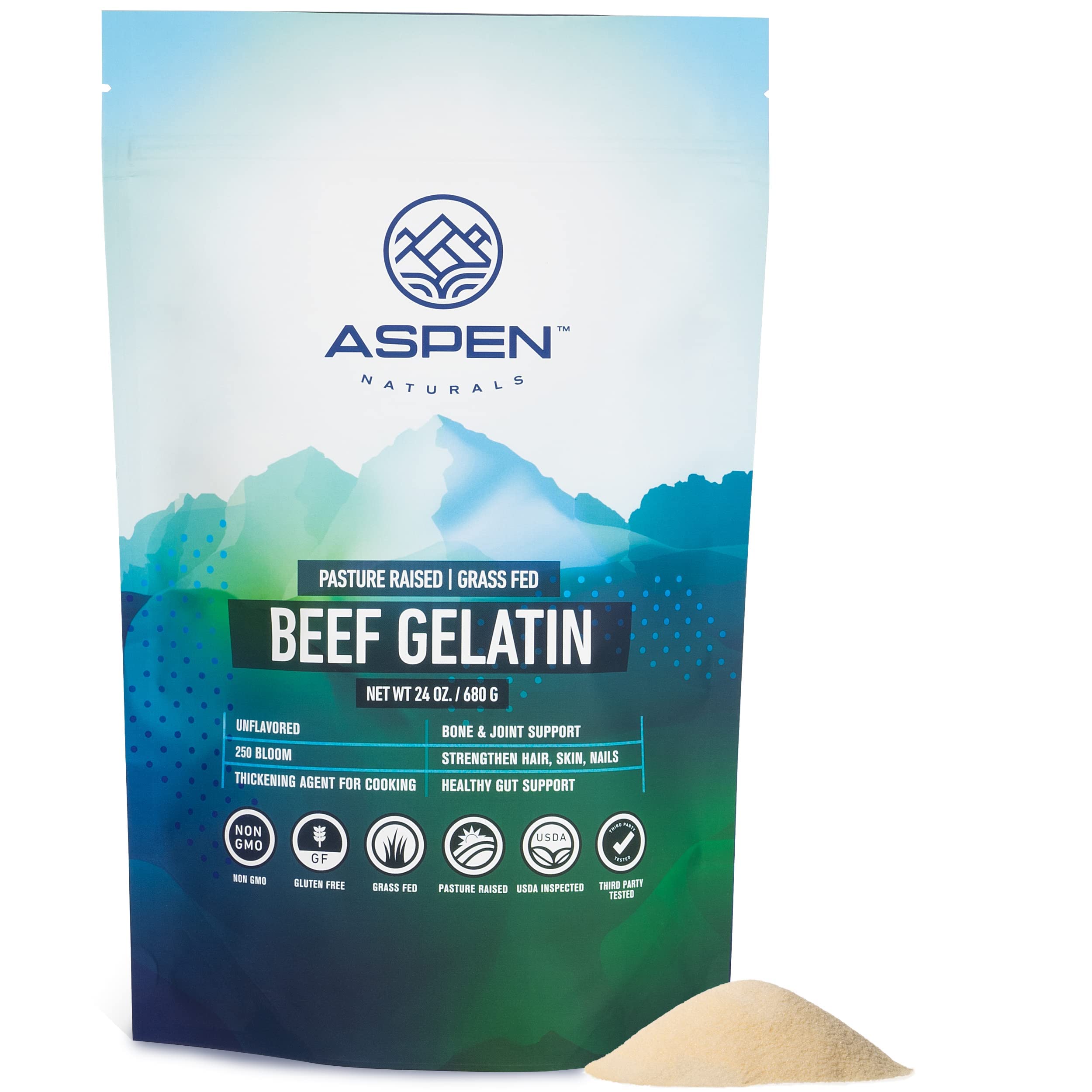 Book Cover Aspen Naturals Grass Fed Beef Gelatin Powder. Pasture Raised, Grass-Fed Gelatin, Non-GMO, Paleo Friendly (24 oz). Unflavored Gelatin Powder. Easy to Mix Protein Supplement. 1.5 Pound (Pack of 1)