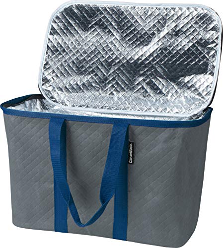 Book Cover CleverMade SnapBasket Reusable Grocery Shopping Bag - Large Collapsible Thermal Insulated Tote with Zipper Top Lid, Charcoal/Navy