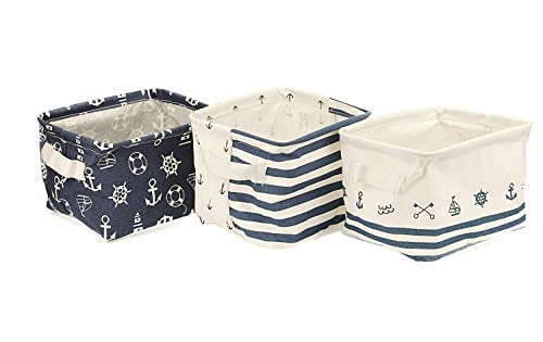 Book Cover Orino Waterproof Nursery Nautical Fabric Small Storage Baskets Beach Anchor Theme Collapsible Portable Storage Bins with Handle for Cloth, Toys, Books, Sundries, Set of 3