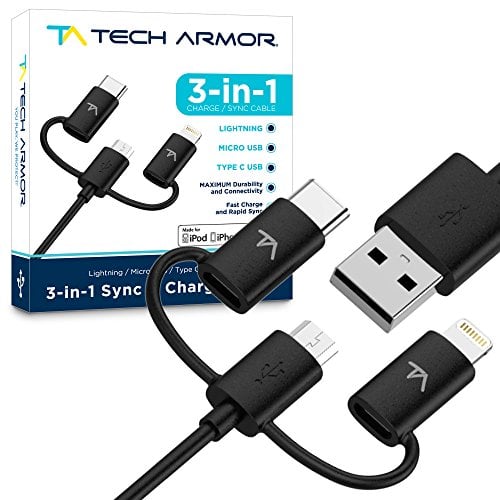 Book Cover Tech Armor 3-in-1 (Type C/Lightning/Micro) USB Charging Cable - Sync/Charge Apple and Android - 3 Foot Black - mFi Certified