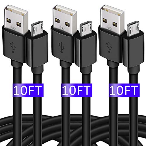 Book Cover Micro USB Cable, 10 FT 3 Pack Extra Long Durable Android Charger Cable, Fast PS4 Charging Cable Cord for PS4 Controller, Android, Samsung Galaxy S7 J3 J7, XBOX, Black