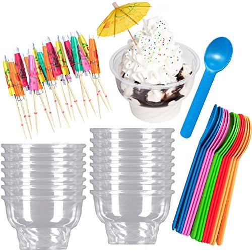 Book Cover Ice Cream Sundae Kit - Clear Plastic 8 Ounce Dessert Dishes - Eco Friendly Plastic Spoons - Paper Umbrella Picks- 16 Each - Pink, Blue, Yellow, Green, Orange Party Supplies