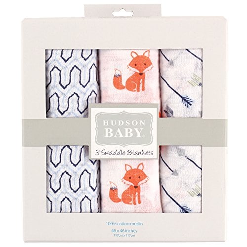 Book Cover Hudson Baby Unisex Baby Cotton Muslin Swaddle Blankets, Foxes 3-Pack, One Size