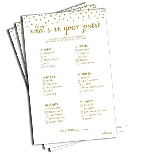 Book Cover What's in Your Purse (Pack of 50) - Bridal Shower Games - Wedding Shower Games - Bachelorette Party Games - Gold Confetti
