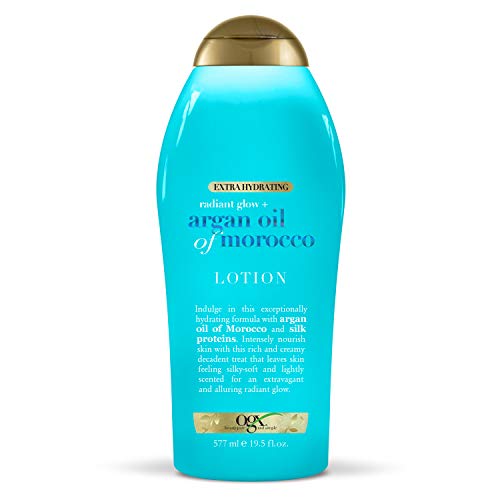 Book Cover OGX Radiant Glow + Argan Oil of Morocco Extra Hydrating Body Lotion for Dry Skin, Nourishing Creamy Body & Hand Cream for Silky Soft Skin, Paraben-Free, Sulfated-Surfactants Free, 19.5 fl oz