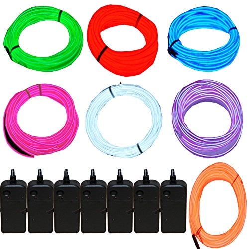 Book Cover JYtrend 7 Pack 9ft Neon Light El Wire w/ Battery Pack (Green, Blue, Red, Orange, Purple, White, Pink)