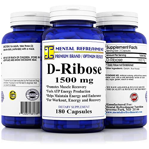 Book Cover Mental Refreshment Nutrition D-Ribose - 1500 mg 180 Count - ATP Supplement - Increased Bioenergy and Muscle Recovery