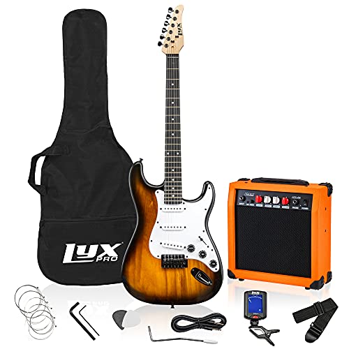 Book Cover LyxPro Full Size Electric Guitar with 20w Amp, Package Includes All Accessories, Digital Tuner, Strings, Picks, Tremolo Bar, Shoulder Strap, and Case Bag Complete Beginner Starter kit Pack - Sunburst