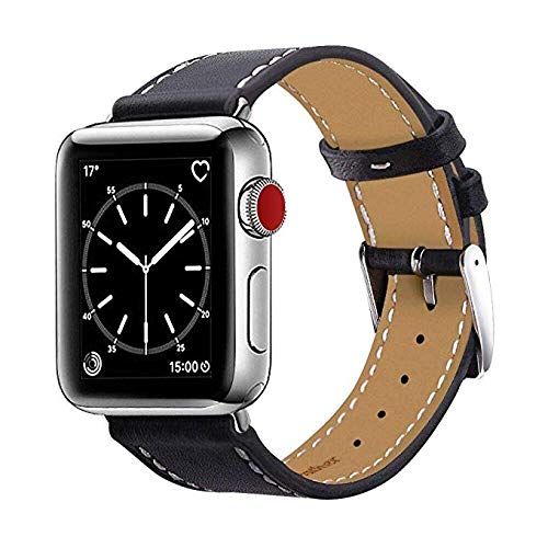 Book Cover Marge Plus Compatible with Apple Watch Band 44mm 42mm 40mm 38mm, Genuine Leather Replacement Band for iWatch Series 6 5 4 3 2 1, SE (Black/Silver, 44mm/42mm)