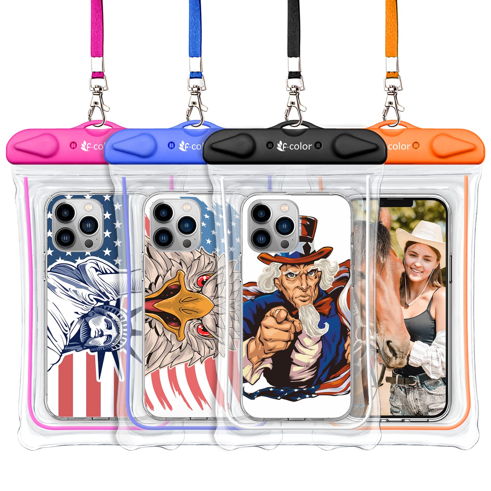 Book Cover Waterproof Case, 4 Pack F-color Floating Clear Waterproof Phone Pouch TPU Dry Case Compatible iPhone X 8 7 7 Plus Home Button for iPhone, Google Pixel, Samsung, HTC, LG, Blue Black Orange Pink