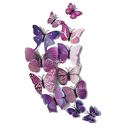 Book Cover AKOAK 24 Pcs 3D Butterfly Wall Stickers Art Decor Decals with Sponge Gum and Magnet(Purple)