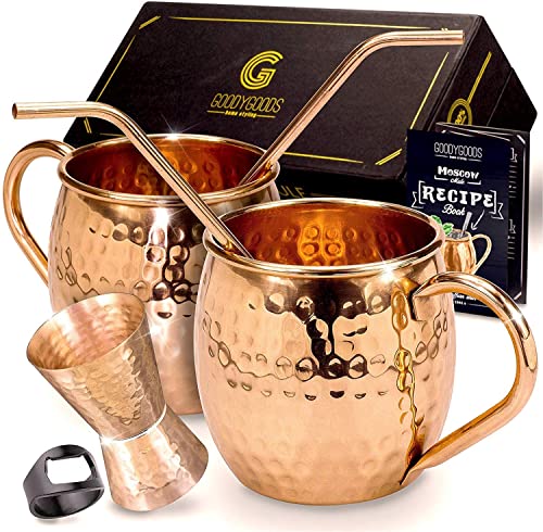 Book Cover G GOODYGOODS Moscow Mule Copper Mugs: Make Any Drink Taste Much Better! 100% Pure Solid Copper His & Hers Gift Set- 2 Hammered 16 OZ Copper Cups 2 Unique Straws, Jigger & Recipe Booklet!
