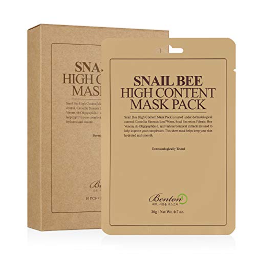 Book Cover BENTON Snail Bee High Content Mask Pack 20g 10 Sheets - Snail Secretion Filtrate & Green Tea Leaf Water, Skin Soothing & Hydrating Facial Mask Sheet, Anti-Wrinkle Nourishing Face Mask for Aging Skin