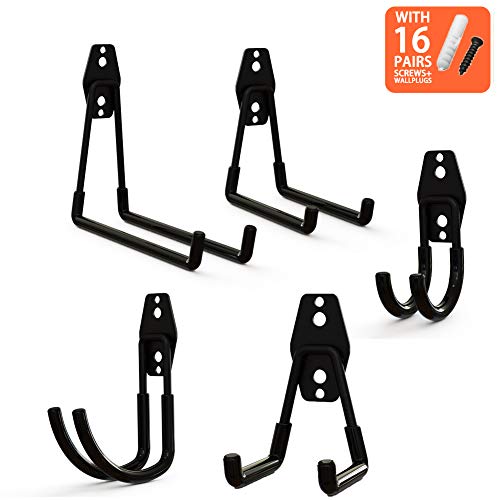 Book Cover 5pcs Heavy Duty Wall Hooks for Garage Storage System Kitchen Organizer, Multi-Size Clip Hook Hanger Holder for Hanging Ladder Weed Eater Extension Cord Shovel Hose Garden Tool, Mount Screws Included