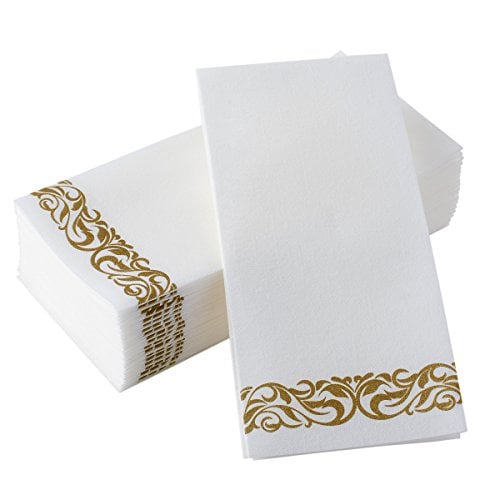 Book Cover Bloomingoods Decorative Hand Towels, Paper Napkins / Disposable Linen-Feel Guest Towels, Gold - Floral, Pack of 100