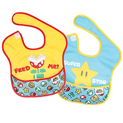 Book Cover Bumkins Nintendo Super Mario SuperBib, Baby Bib, Waterproof, Washable, Stain and Odor Resistant, 6-24 Months, 2-Pack