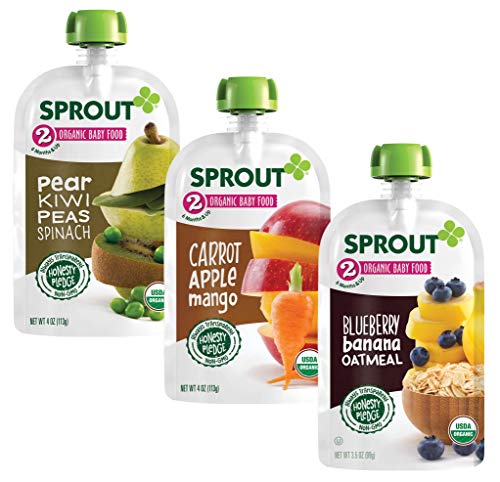 Book Cover Sprout Organic Baby Food, Stage 2 Pouches, Carrot Apple Mango, Pear Kiwi Peas Spinach & Blueberry Banana Oatmeal Variety Sampler, 3.5 Oz (Pack of 12)