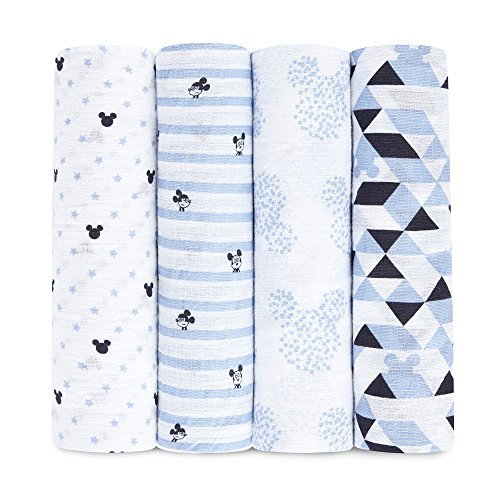 Book Cover aden by aden + anais Disney Swaddle Baby Blanket, 100% Cotton Muslin, 44 X 44 inch, 4 Pack, Mickey Mouse