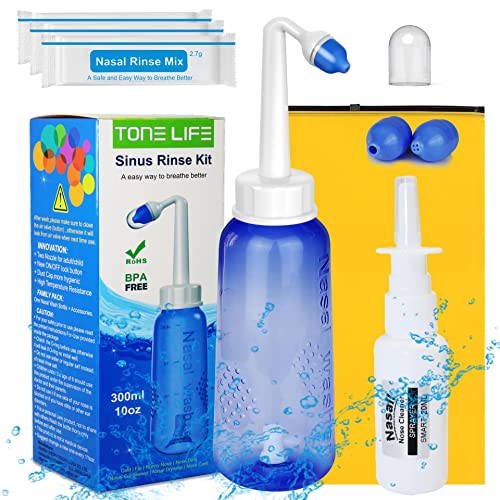 Book Cover TONELIFE 3xNasal Rinse Mix + Neti Pot | Nose Wash Bottle 300ml + Nasal Sprayer with Waterproof Storage Bag