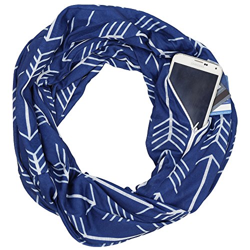 Book Cover Shop Pop Fashion - Women's Arrow Patterned Infinity Scarf with Zipper Pocket (Navy)