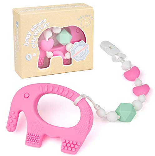 Book Cover Teething Toys for Babies 6-12 Months - Bpa Free Silicone Teether for Baby Girl - Easy to Hold, Soft and Highly Effective Elephant Teethers Toy with Clip Pacifier Holder Best Valentines Day Gift