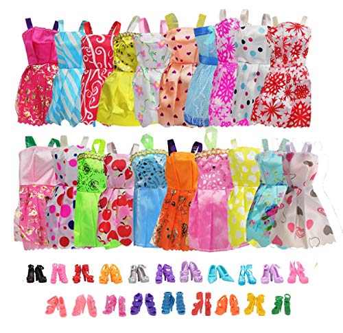 Book Cover 20 Pack Party Gown Outfits Dresses with 20 Pairs Doll Shoes for Barbie Doll Girl's Birthday Fashion Handmade Evening Party
