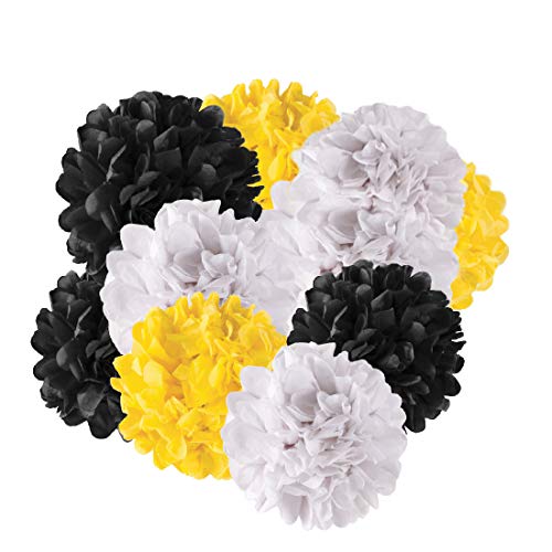 Book Cover Andaz Press Hanging Tissue Paper Pom Poms Party Decor Trio Kit with Free Party Sign, White, Yellow, Black, 6-Pack, for Baby Bridal Shower Decorations