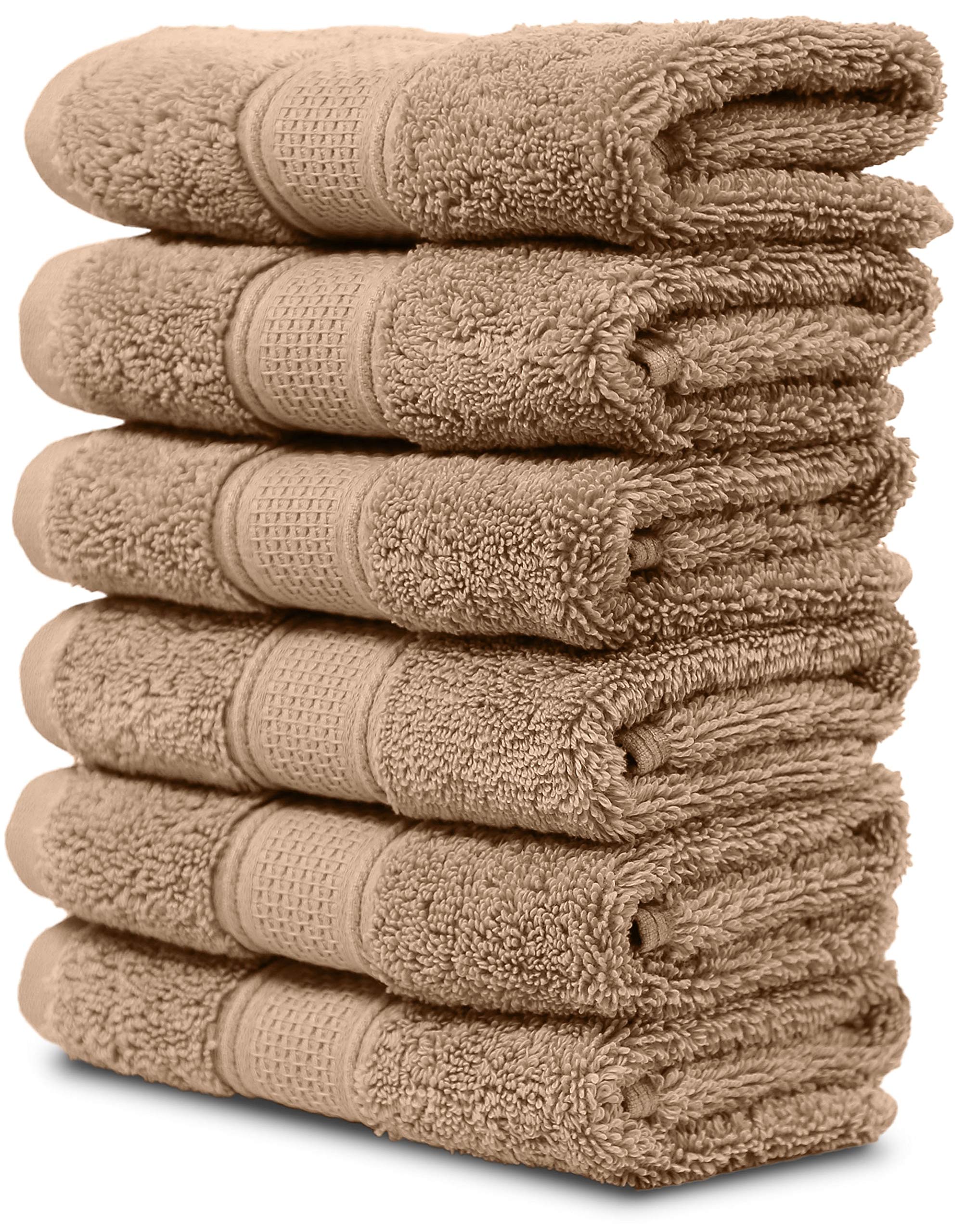 Book Cover Maura Luxurious Turkish Washcloth Set 6 Pack - Soft, Thick, Plush & Super Absorbent Premium Hotel & Spa Quality Oversized Cotton Face Towels. Enhance Your Bathroom - Brown Washcloth (6-Pack) Sand