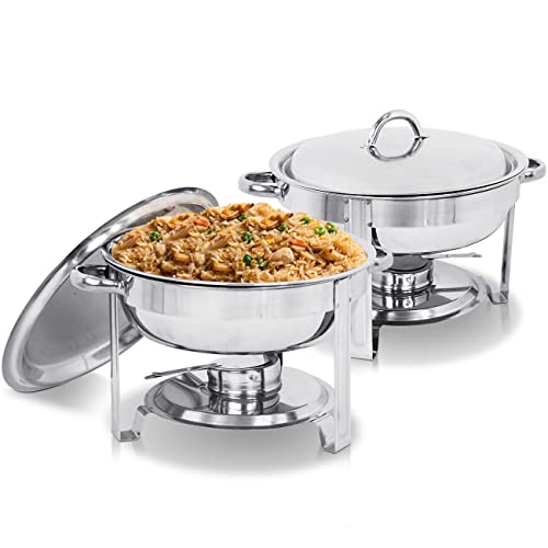 Book Cover SUPER DEAL Upgraded 5 Qt Full Size Stainless Steel Chafing Dish Round Chafer Buffet Catering Warmer Set w/Food and Water Pan, Lid, Solid Stand and Fuel Holder