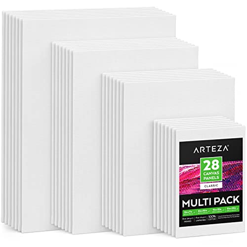 Book Cover ARTEZA Canvas Boards for Painting, Multipack of 28, 5x7, 8x10, 9x12, 11x14 Inches, Blank White Canvas Panels, 100% Cotton, 8 oz Gesso-Primed, Art Supplies for Acrylic Pouring and Oil Painting