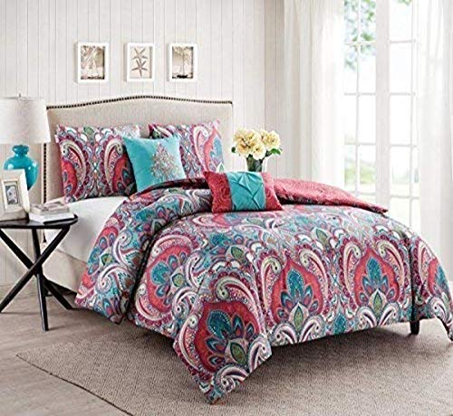 Book Cover VCNY Home | Casa Real Collection | Soft Microfiber Paisley Reversible Quilt Bedspread, Premium 4 Piece Bedding Set, Stylish Retro Design for Home DÃ©cor, Twin/Twin XL, Pink/Turquoise