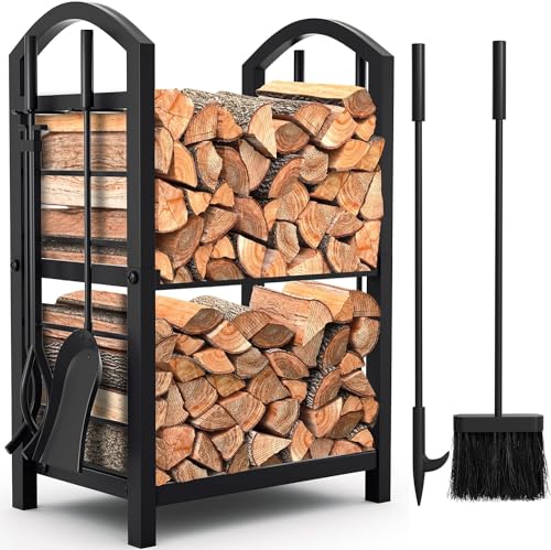 Book Cover AMAGABELI GARDEN & HOME Firewood Rack Fireplace Tool Rack Indoor Wood Holders Fireplace Outdoor Log Holder Rack Lumber Storage Stacking Black Stove Wrought Iron Large Logs Bin Fireplace Tools Set Tongs Accessories